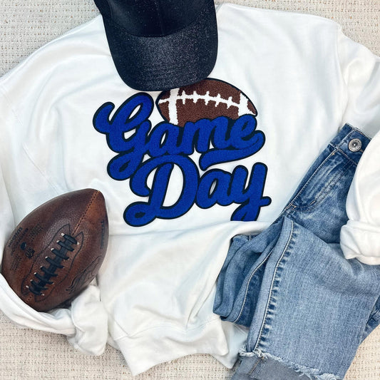 Blue Game Day Chenille White Sweatshirt