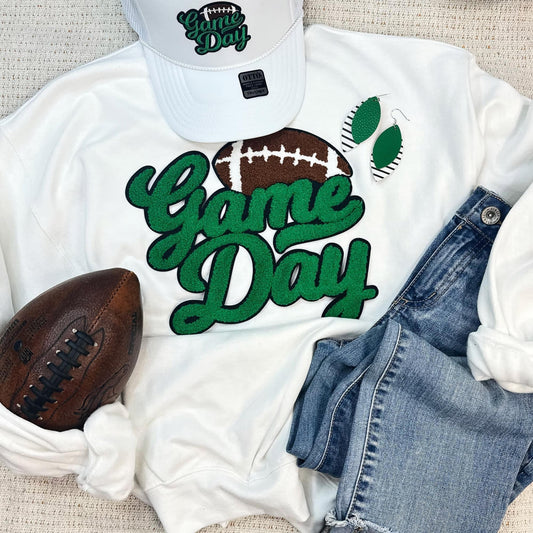 Green Game Day Chenille White Sweatshirt