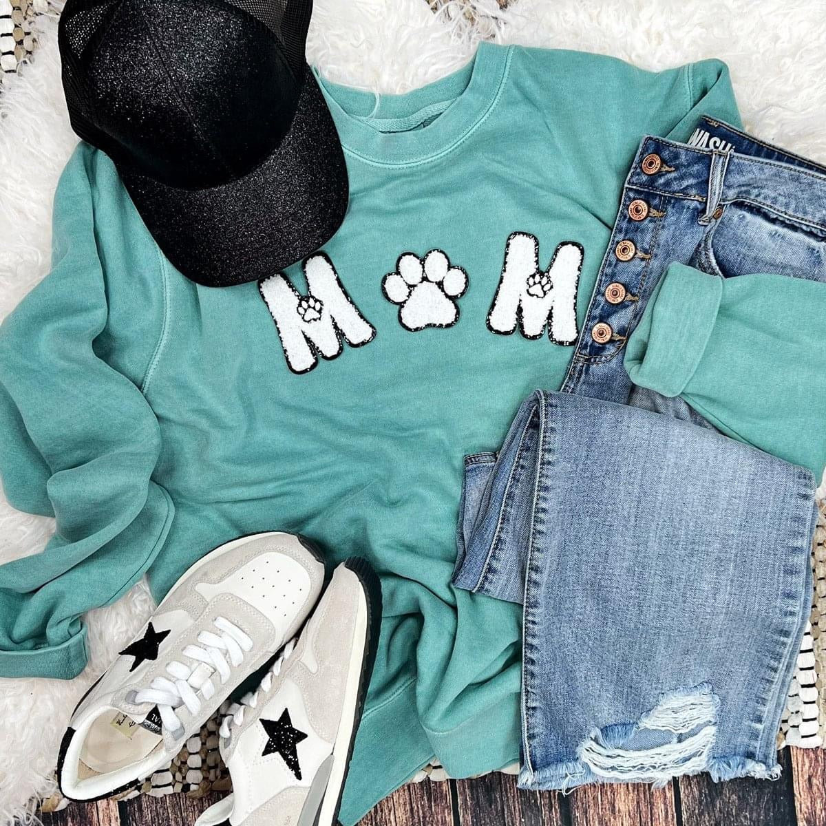 Dog Mom Paw Print White Chenille Patch Aqua Sweatshirt