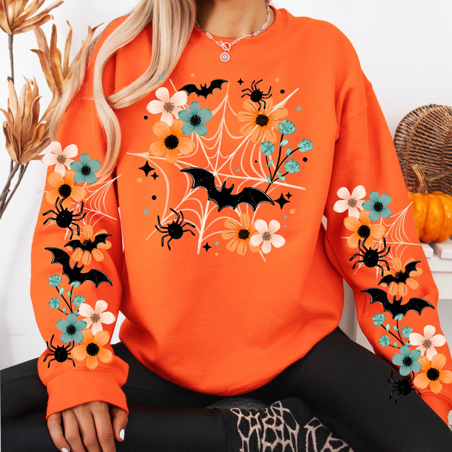 Halloween Themed Spiders and Bats With Sleeve Print