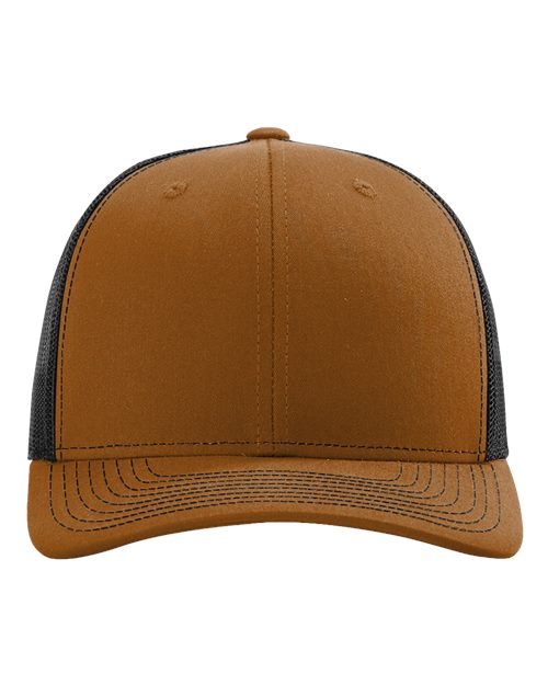 Two-tone baseball cap with tan crown, dark side panels, and curved brim