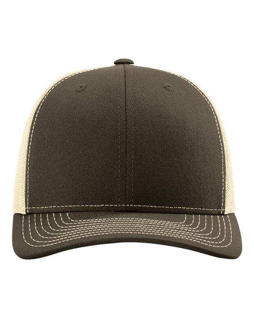 Baseball cap with brown crown, beige mesh sides, and curved brim.