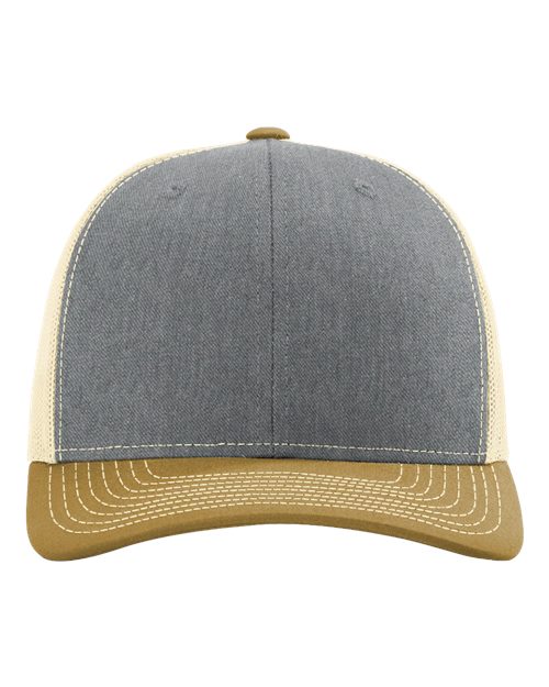 Heather gray baseball cap with tan patterned brim and small front ventilation eyelets.