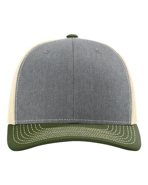 Two-tone trucker hat with blue-gray front, light tan mesh sides, and olive curved brim