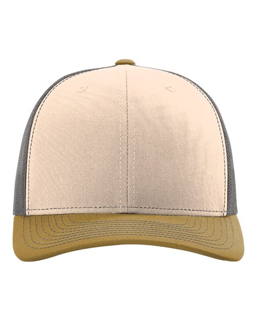 Richardson 112 trucker cap, light beige front with white mesh sides and curved brim