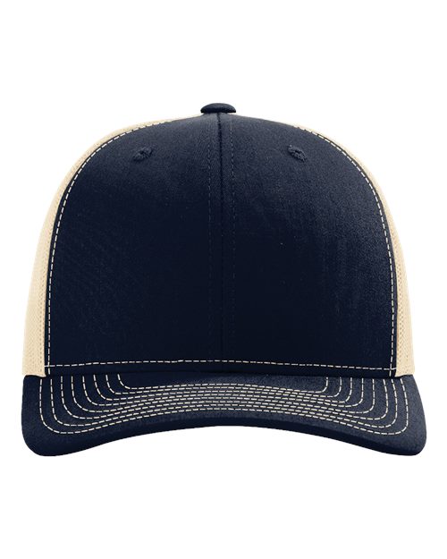 Navy trucker cap with white-stitched brim and navy panels; snapback style