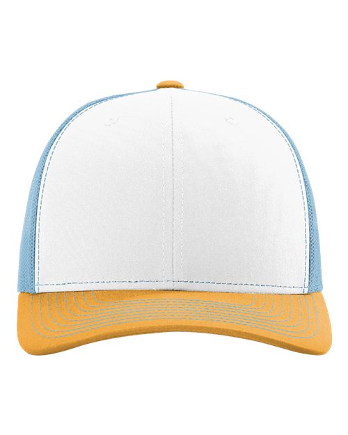 Baseball cap with white crown, light blue panels, and yellow curved brim