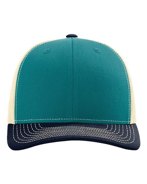 Two-tone trucker cap with teal front panels and beige mesh sides, navy brim