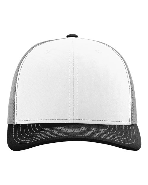 Richardson 112 baseball cap with white crown and black curved brim with stitched pattern.