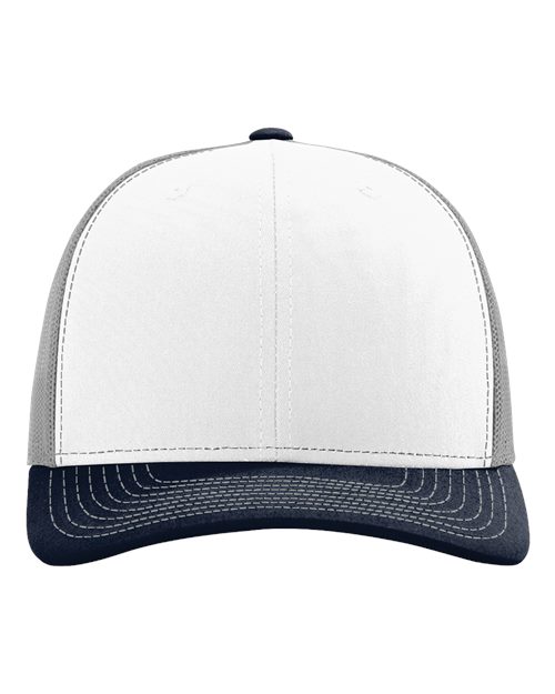 Richardson 112 cap with white crown, dark navy brim, and navy button