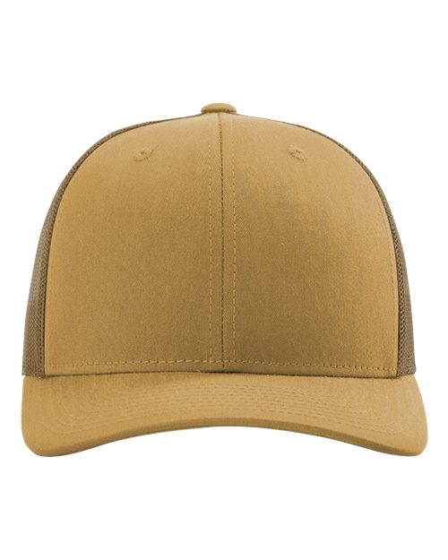 Tan baseball cap with small front embroidered eyelets and stitched center seam