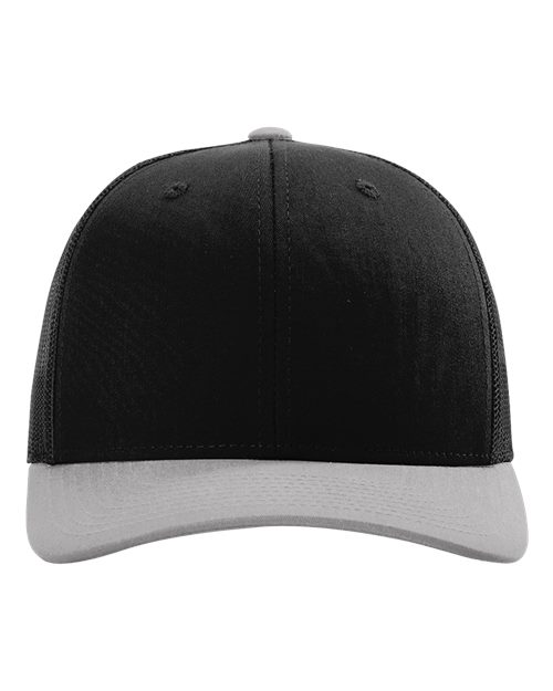 Black baseball cap with light gray underbill and stitched center seam