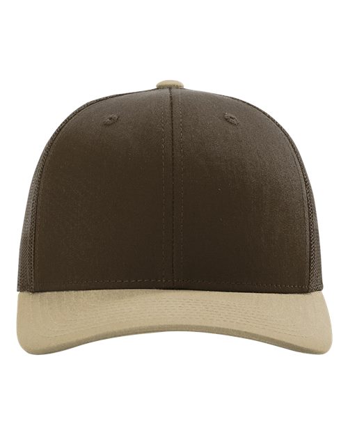 Baseball cap with dark brown crown, tan underside, and curved brim
