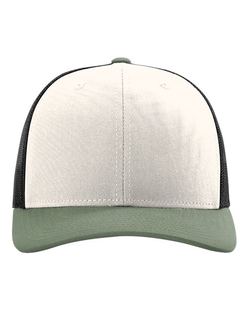 Richardson 112 cap with cream front, dark side panels, and green under-brim