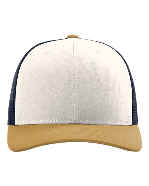 Beige and tan two-tone baseball cap with stitched center seam and curved brim