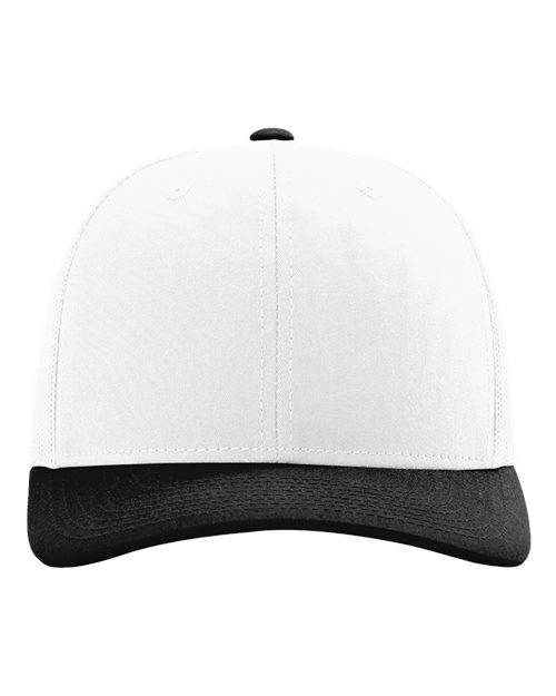 Richardson 112 baseball cap with white crown and black curved brim.