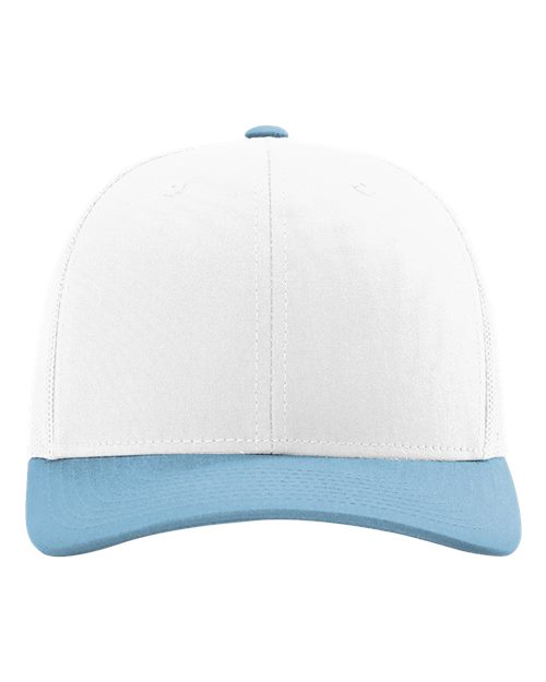 Richardson 112 baseball cap with white crown and light blue curved brim.