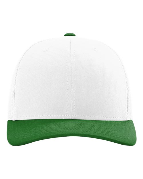 Richardson 112 5-panel baseball cap, white crown with green brim and top button.