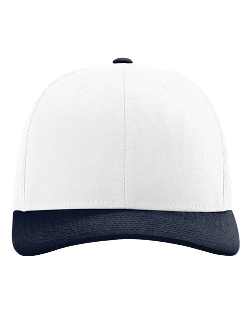 Richardson 112 5-panel baseball cap, white crown with dark navy brim and top button.