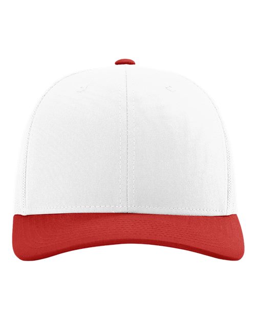 Richardson 112 5-panel baseball cap, white crown with red brim and top button.