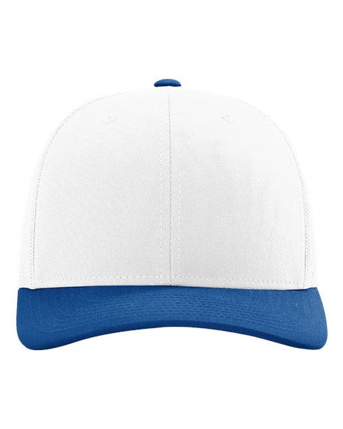 Richardson 112 5-panel baseball cap, white crown with blue brim and top button.