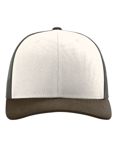 Richardson 112 cap with cream front, dark side panels, and brown under-brim