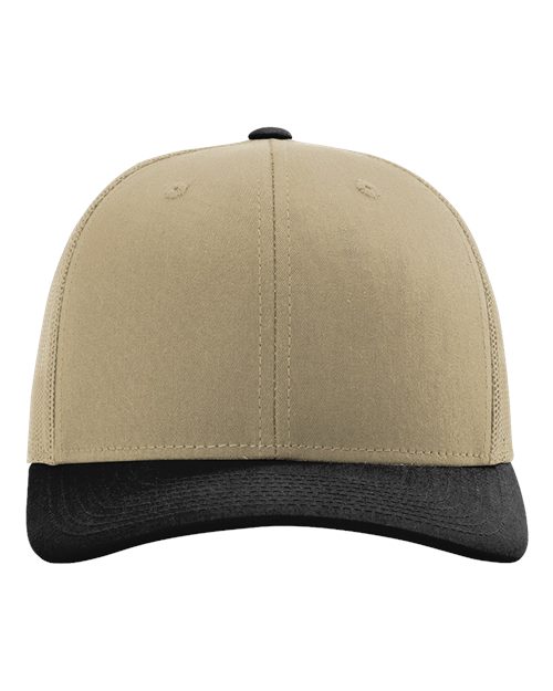 Richardson 112 baseball cap in tan with black brim and side panel