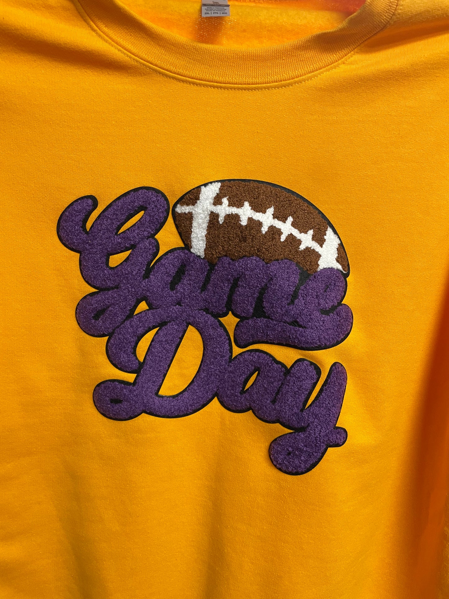 Purple Game Day Chenille Yelow Sweatshirt (upper right corner!)