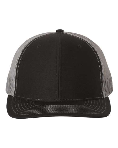 Two-tone trucker cap with black front panels and light gray mesh sides
