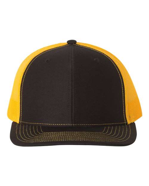 Two-tone trucker cap with black front panels and yellow mesh sides