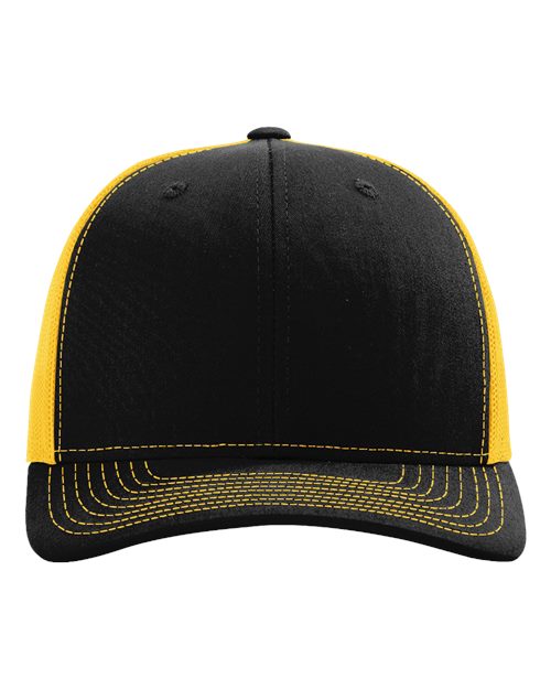 Black baseball cap with yellow side panels and yellow underbill with contrast stitching