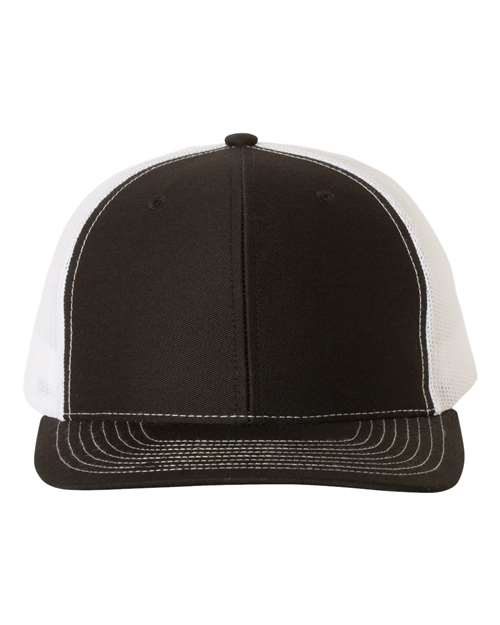 Two-tone trucker cap with dark brown front panels and white mesh sides