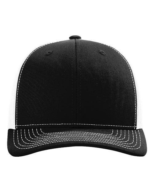 Black baseball cap with light gray/white underbill and contrast underpanel stitching