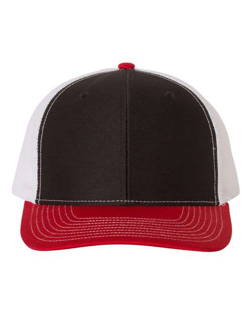 Two-tone trucker cap with black front panels and red mesh panels
