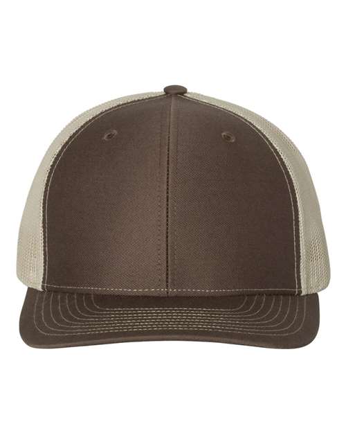 Two-tone trucker cap with dark brown front panels and beige mesh sides
