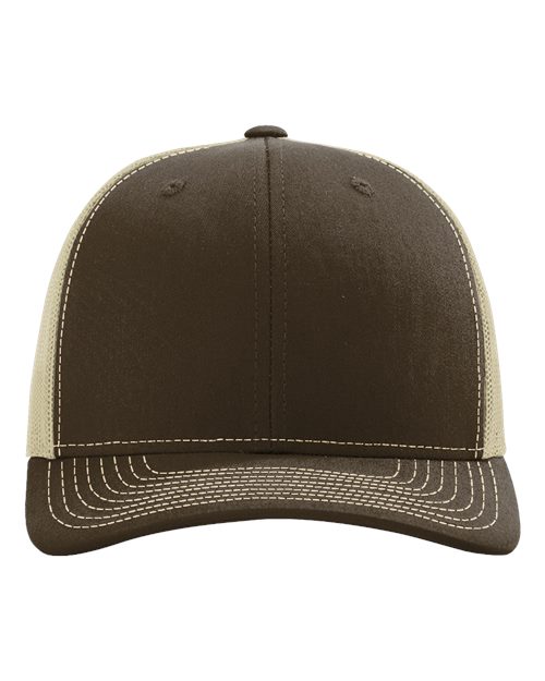 Two-tone baseball cap with dark brown crown, tan side panels, and curved brim