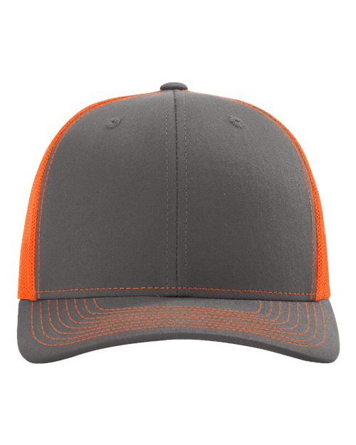 Dark gray baseball cap with orange mesh back and orange stitched curved brim.