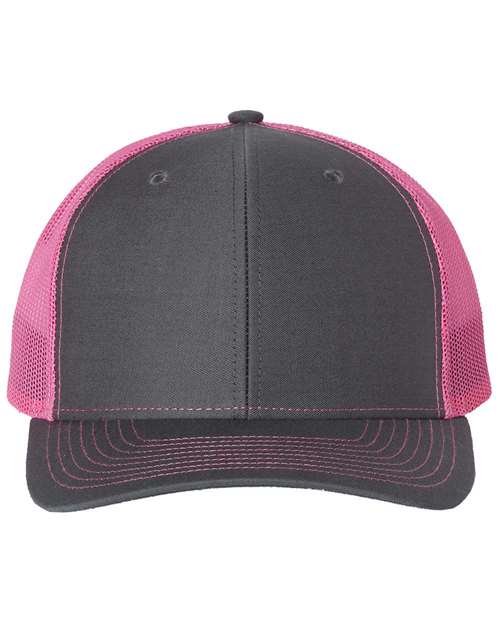 Baseball cap with dark gray crown, pink mesh sides, and curved brim.