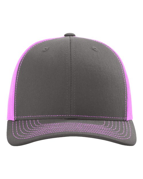 Baseball cap in dark gray with purple side panels and purple striped brim detail