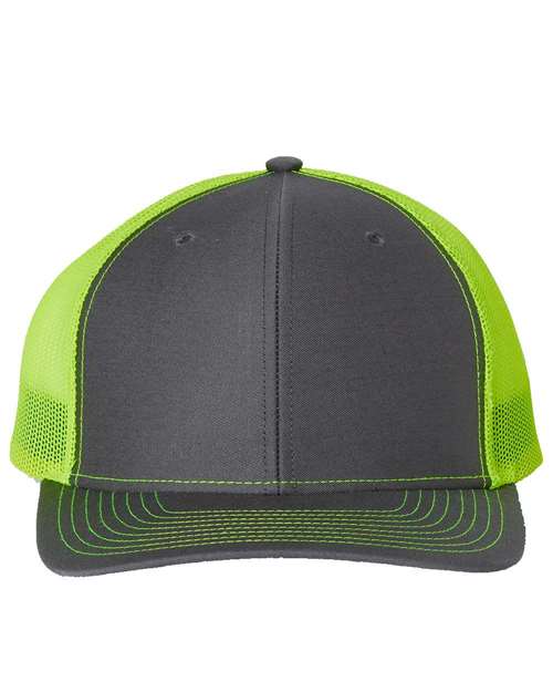 Baseball cap with dark gray crown, neon green mesh sides, and curved brim.