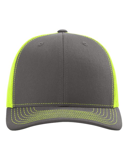 Baseball cap in dark gray with lime green side panels and lime striped brim detail