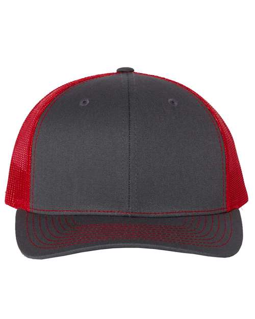 Baseball cap with dark gray crown, red mesh sides, and curved brim.