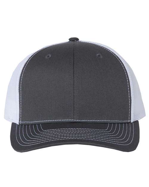 Baseball cap with dark gray crown, white mesh sides, and curved brim.
