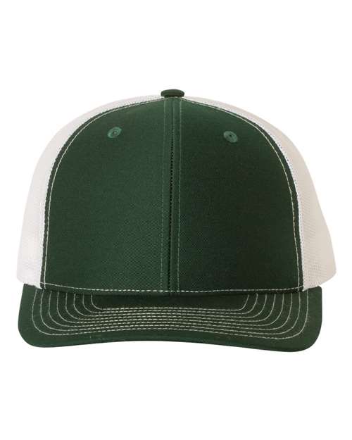 Two-tone trucker hat with dark green front and white mesh panels, curved brim