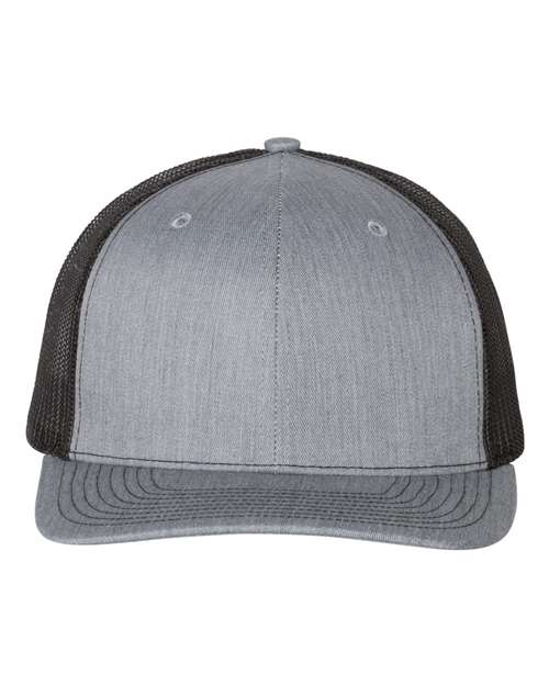 Two-tone trucker hat with heather gray front, dark gray mesh sides, and gray curved brim