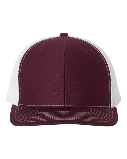 Richardson 112 trucker cap, maroon front with white mesh back and curved brim