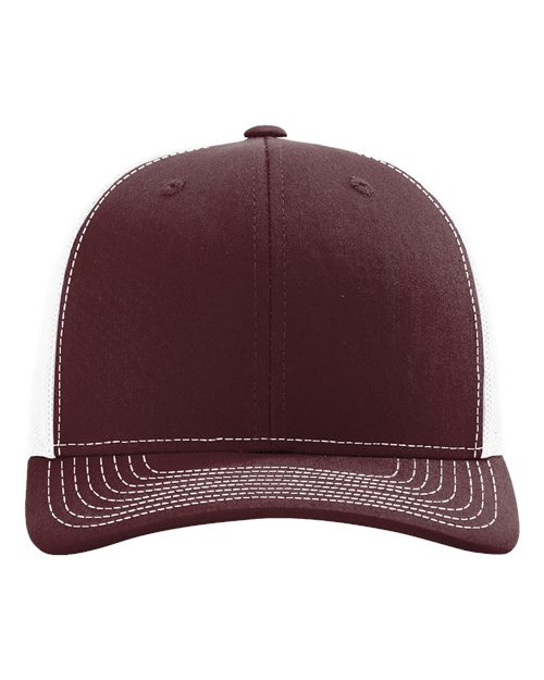 Baseball cap in burgundy with contrast stitched brim and panel seams.
