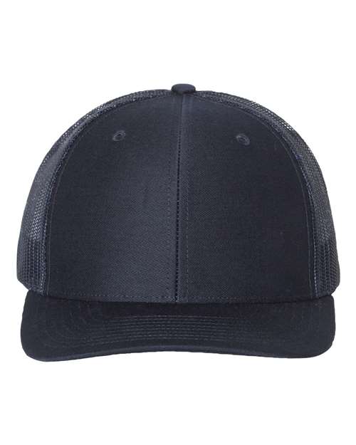 Richardson 112 trucker cap, dark navy front with matching brim and mesh side panels