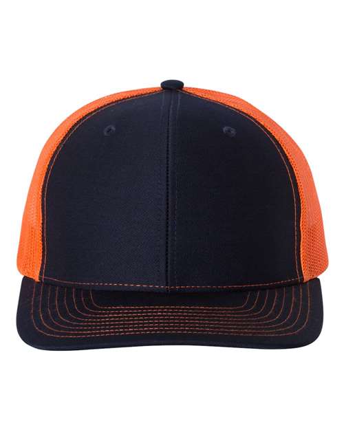 Navy and orange mesh trucker cap with orange side panels and dark stitched brim
