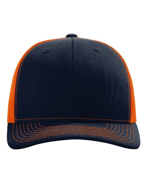 Navy baseball cap with orange side panels and underbrim stitching, crown eyelets.